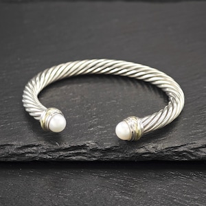 David Yurman 7mm 14K Gold, Pearl Cable Cuff Bracelet Sterling Silver