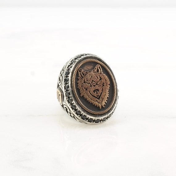 Vintage Sterling Silver Ring Onyx Copper Gold Acc… - image 4