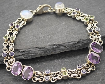 Nicky Butler Sterling Silver Link Bracelet Amethyst, Moonstone, Peridot