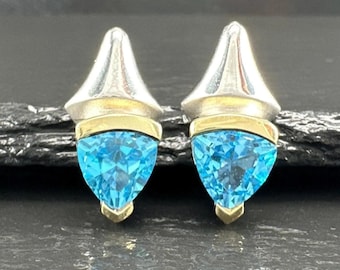 Blue Topaz Earrings: Sterling Silver Studs with 18K Gold Accent