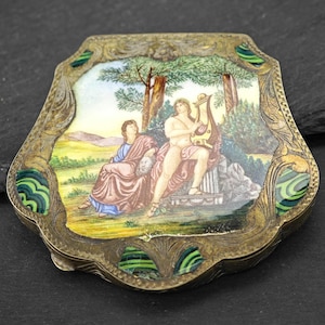 Antique Enamel & Sterling Silver Compact | Romantic Scene | Clamshell Vanity | 1920s-1930s Makeup