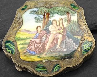 アンティークエナメル、化粧台コンパクト、スターリングシルバー