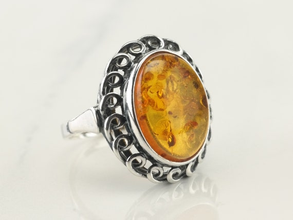 Vintage Sterling Silver Amber Ring Size 6 1/2 - image 1