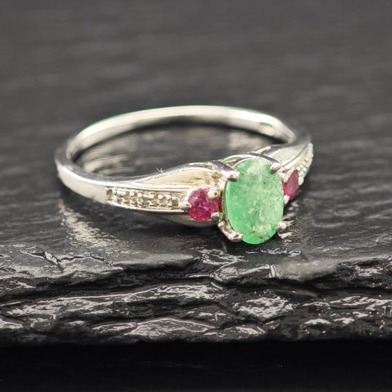Emerald, Ruby Gemstone Ring Sterling Silver Sz 9 - image 4
