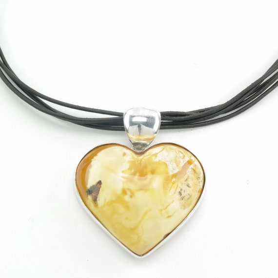 Vintage Sterling Silver Yellow Amber Heart Neckla… - image 2