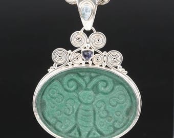 Sajen Carved Jade Butterfly Sterling Silver Pendant