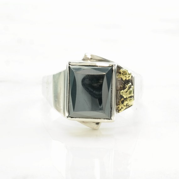 Vintage Sterling Silver Ring Hematite Gold Nugget… - image 3