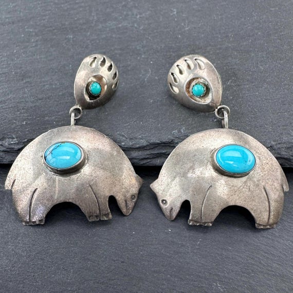 Native American, Turquoise Bear Stud/Dangle Earri… - image 1