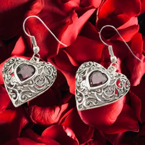 Vintage Sterling Silver Filigree Heart Earrings: Purple Paste Gemstones