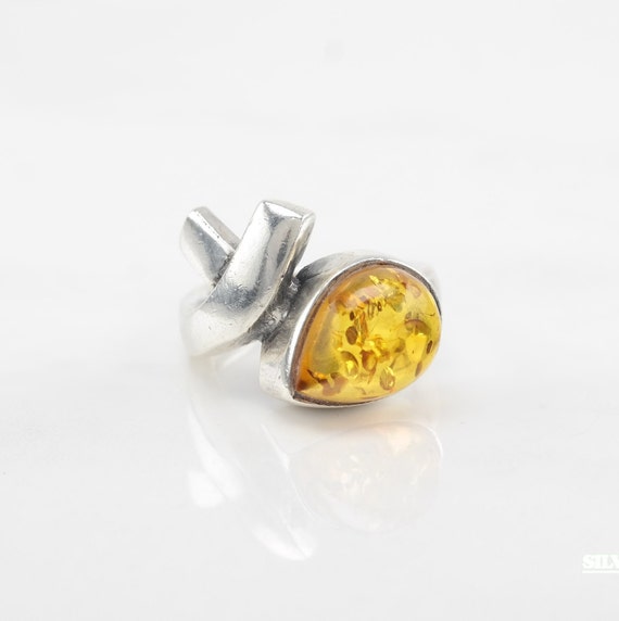 Drop Cross  Yellow Amber Sterling Silver Ring Siz… - image 1
