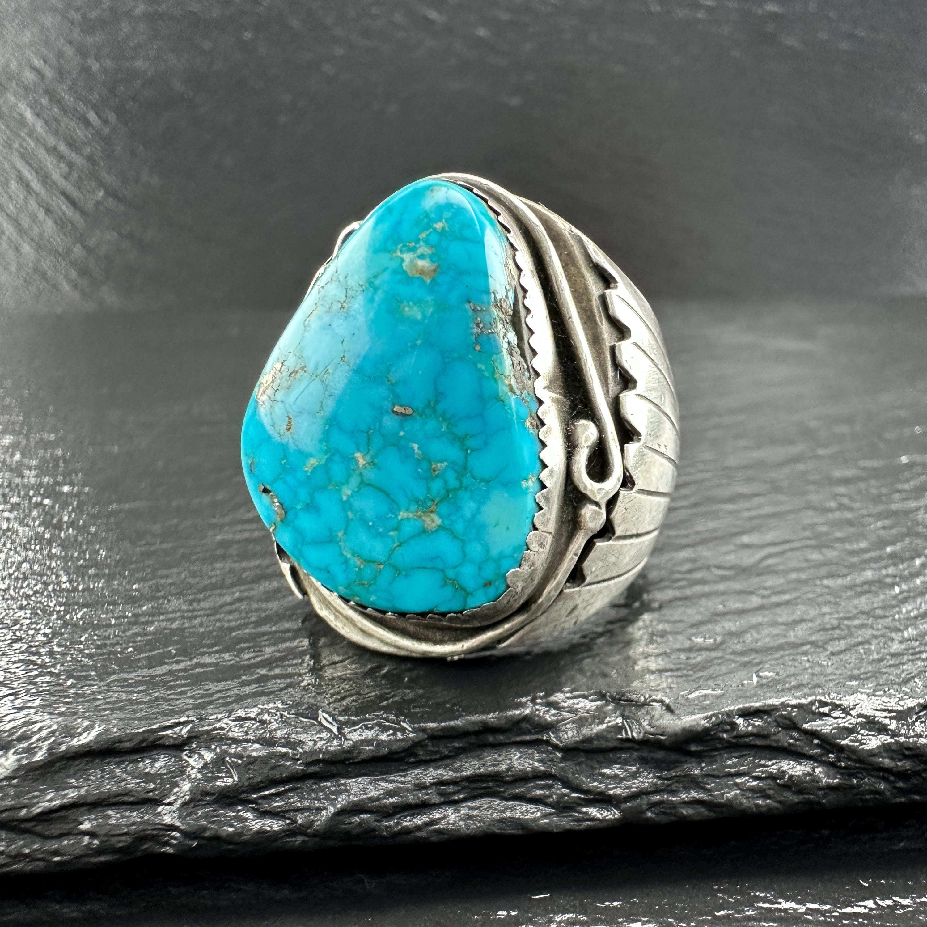 Large Turquoise Ring Native American Waterweb Design Sterling