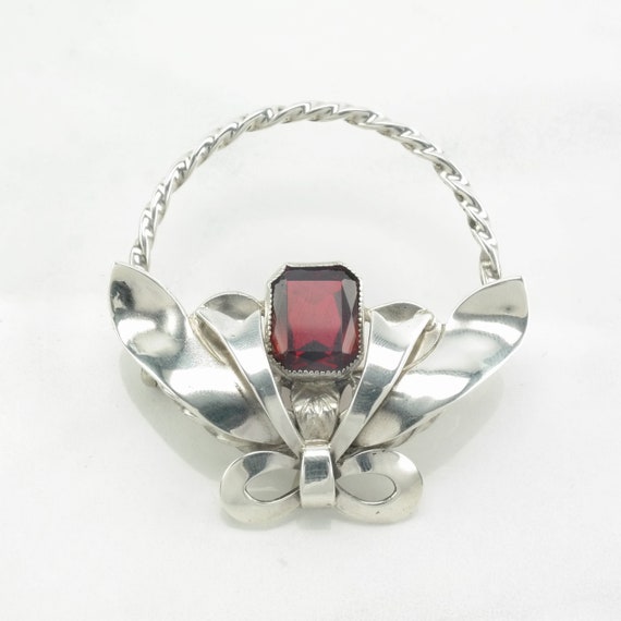 Art Deco Sterling Silver Bow Brooch Red Paste - image 2