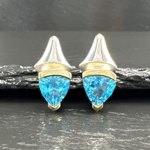 Vintage Sterling Silver Blue Topaz 18K Gold Accent Earrings Stud