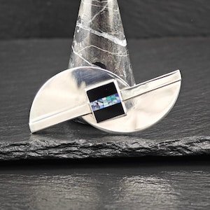 Modernist Opal, Onyx Brooch Sterling Silver