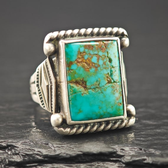 Historic, Native American Green Turquoise Ring Sterling Silver Sz