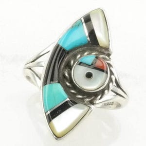 Vintage Zuni Silver Ring Turquoise, Onyx, MOP Inlay Sterling  Size 7 1/2