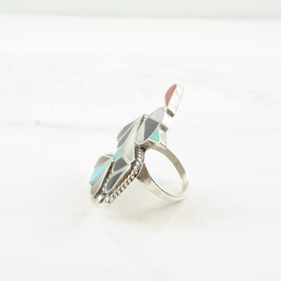 Vintage Zuni Silver Ring MOP Turquoise Onyx Coral… - image 6