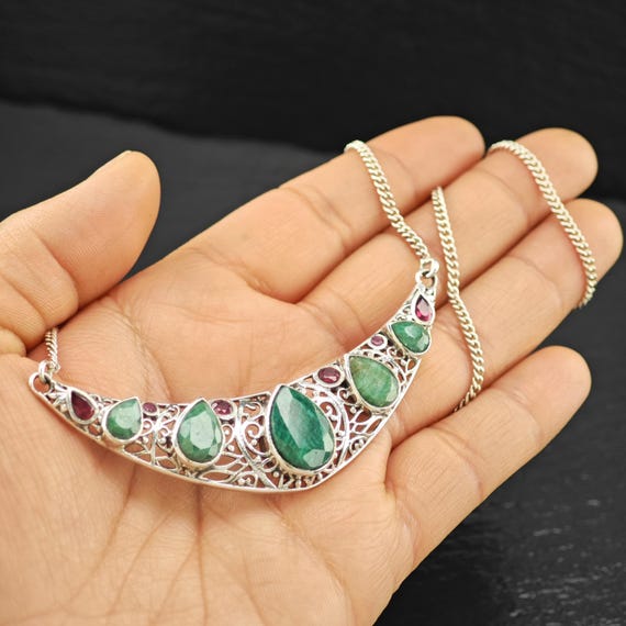 Sterling Silver Green, Red Emerald, Ruby Teardrop… - image 2