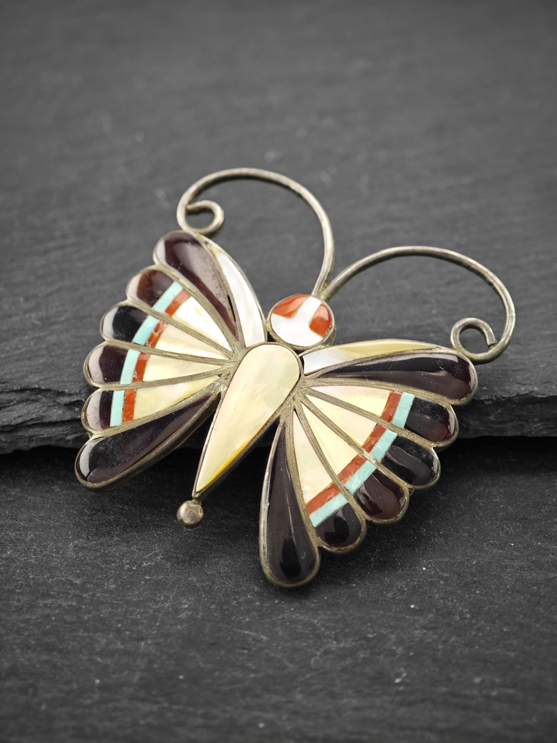 Native American Inlay Butterfly Pendant Brooch Sterling Silver 