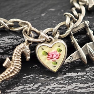 1930&#39;s WWII USN, Enamel Heart Charm, Bracelet Sterling Silver
