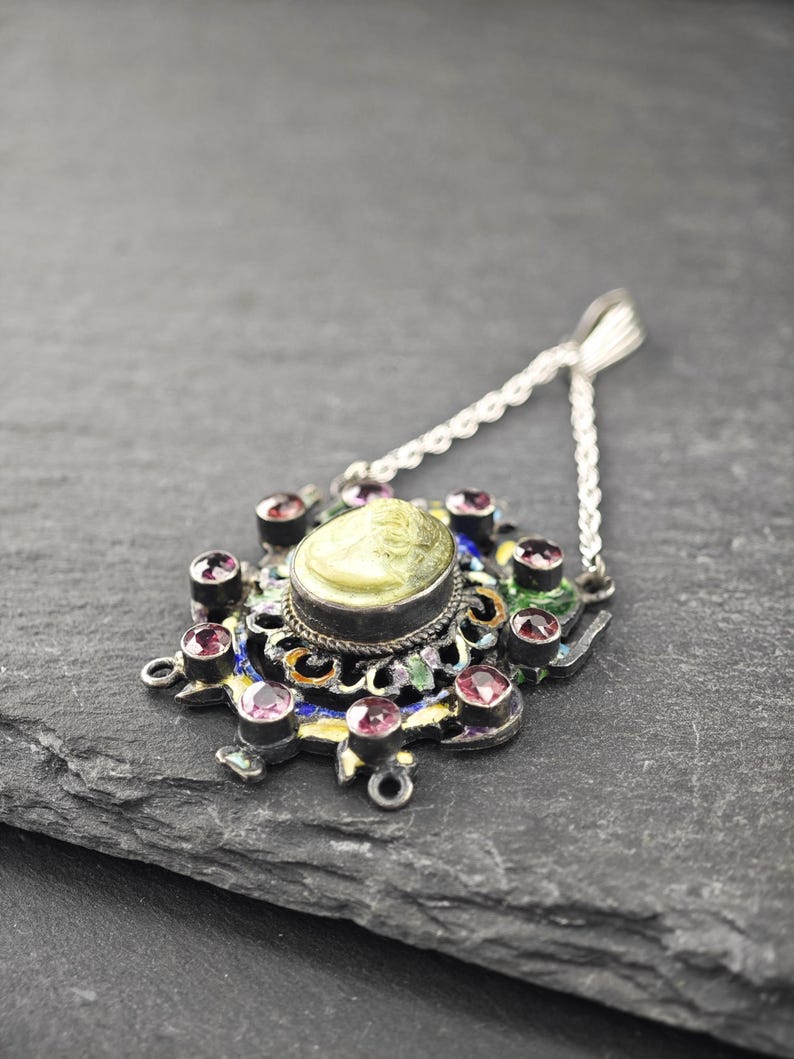 Vintage emaljpyropgranat lavasten cameo sterlingsilver flerfärgat hänge bild 6