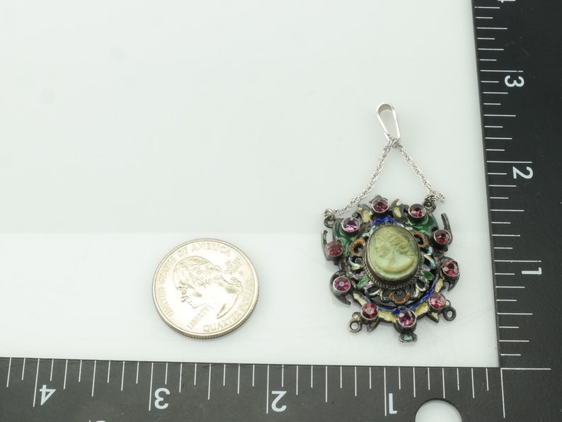 Vintage emaljpyropgranat lavasten cameo sterlingsilver flerfärgat hänge bild 9