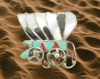 Vintage Zuni Sterling Silver Brooch Inlay, Wagon, Articulated Wheels MOP, Onyx, Turquoise