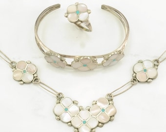 Parure de bijoux vintage Zuni en argent sterling : incrustations florales turquoises en nacre