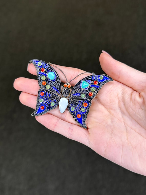 Vintage Silver Brooch Butterfly  Enamel Turquoise… - image 2