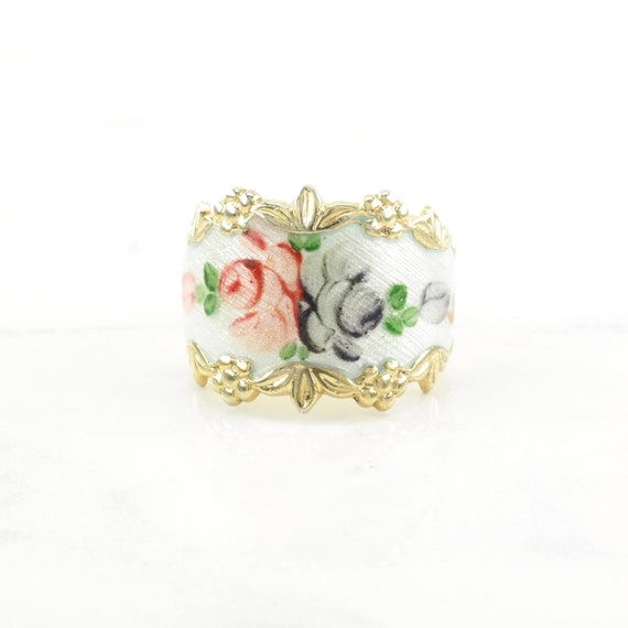 Vintage Sterling Silver Ring Enamel Floral, Rose … - image 3