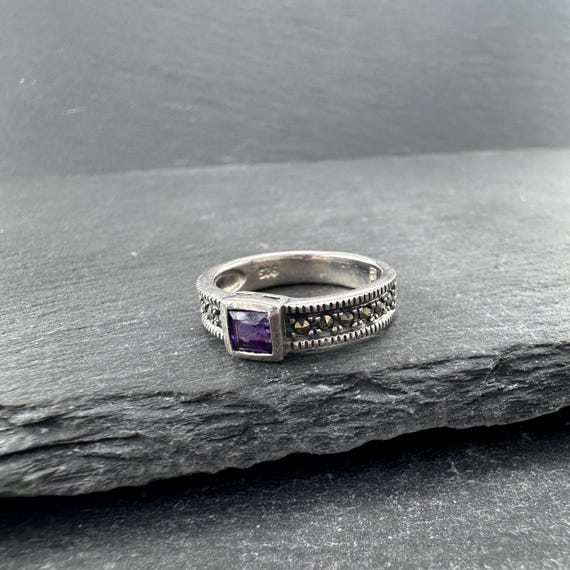 Vintage Stackable Silver Ring Amethyst Marcasite … - image 4