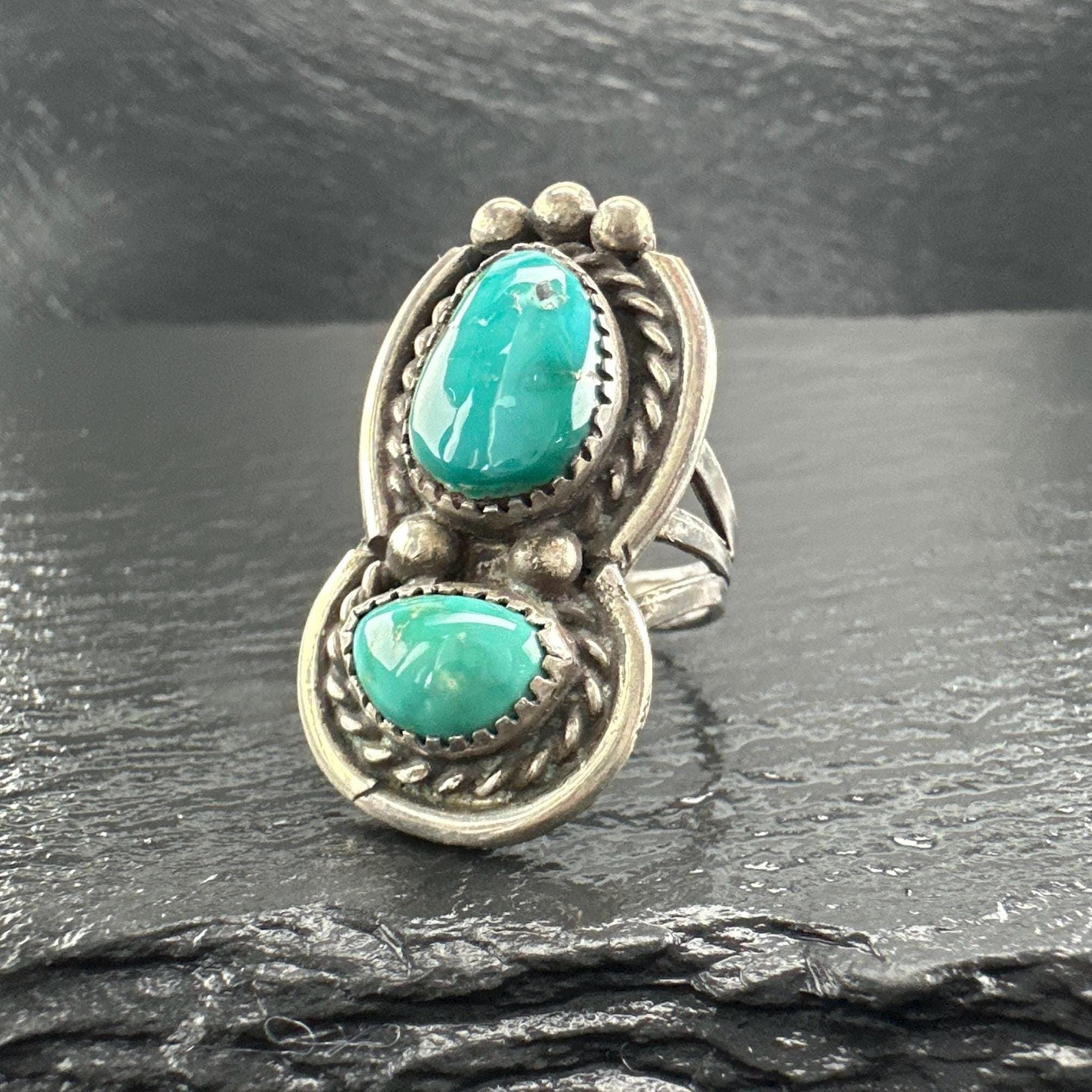 アクセサリー Native American Turquoise Sterling Ring Vintage Native American Silver Ring Turquoise Double Stone