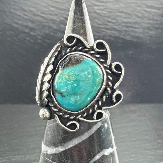 Turquoise Feather Silver Ring - Native American, … - image 1