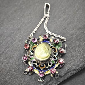 Vintage emaljpyropgranat lavasten cameo sterlingsilver flerfärgat hänge bild 3
