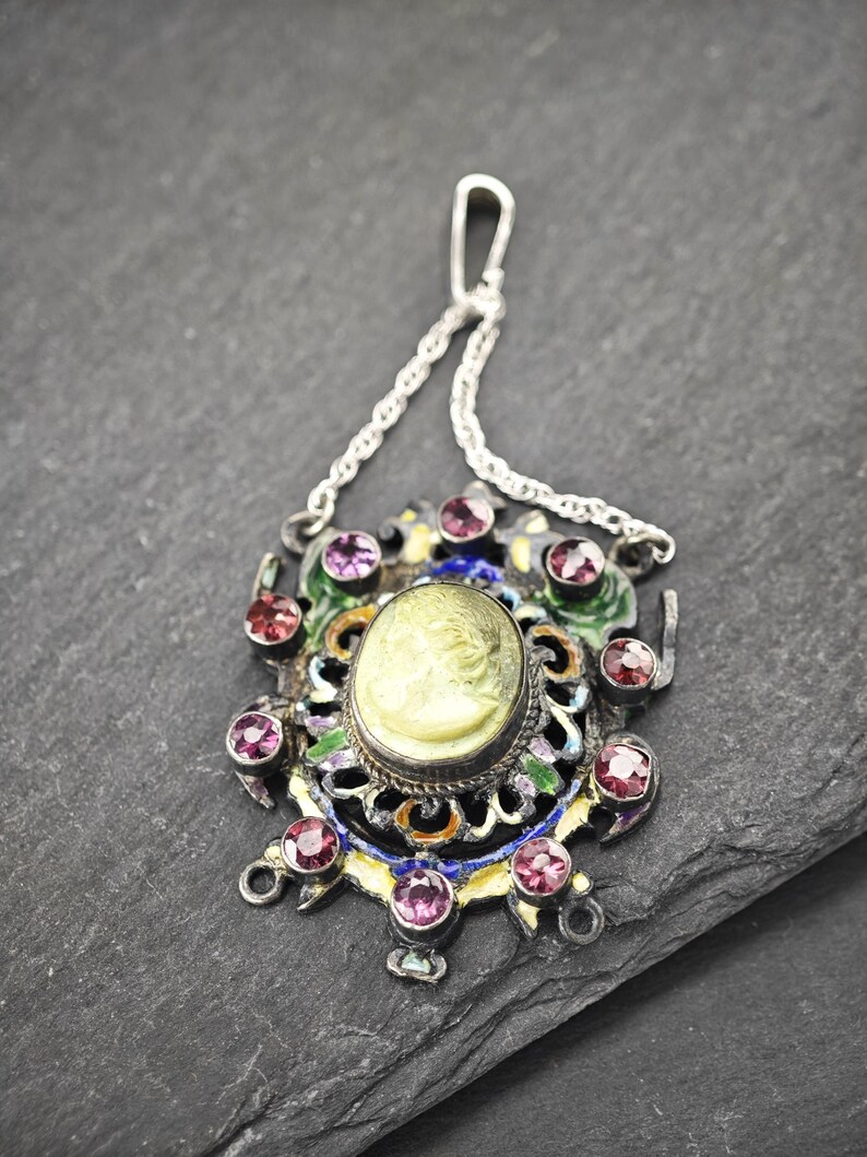 Vintage emaljpyropgranat lavasten cameo sterlingsilver flerfärgat hänge bild 3