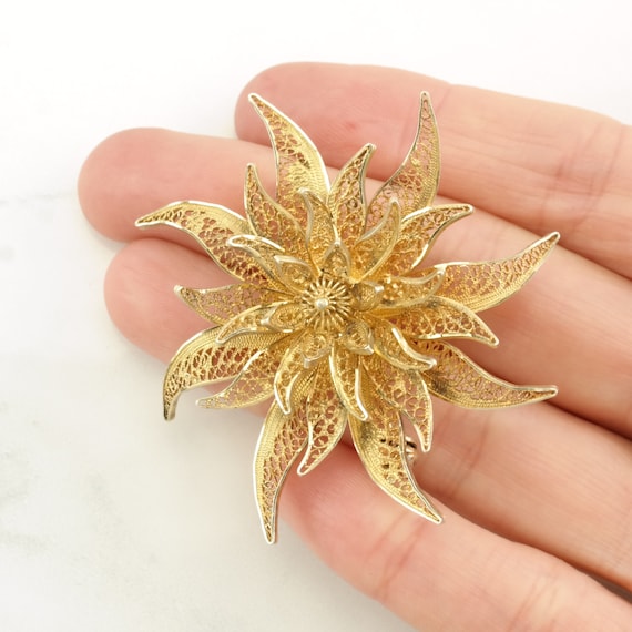 Silver Brooch Gold Tone Flower, Filigree Sterling - image 2