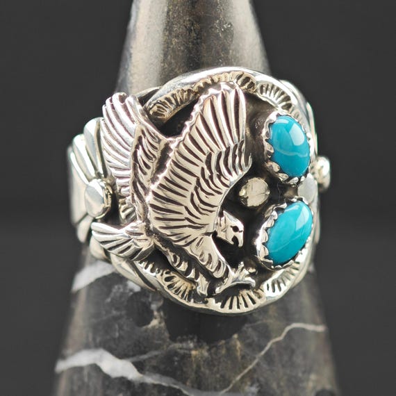 Native American Eagle Block Turquoise Ring Sterli… - image 3
