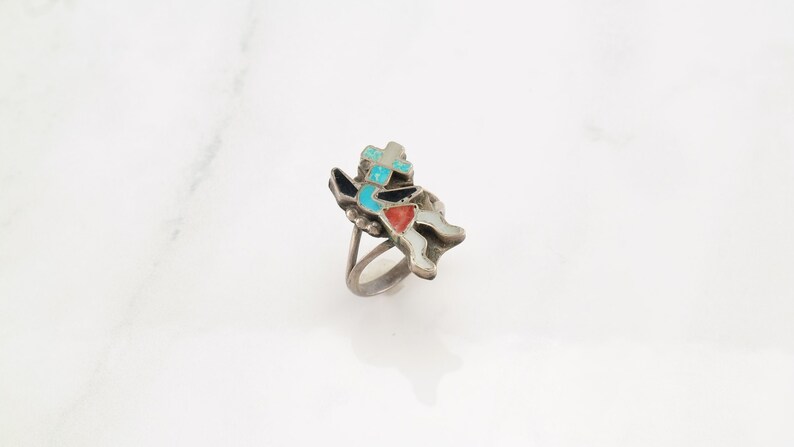 Coral Raindancer Sterling Size 5 Jet MOP Inlay Native American Silver Ring Turquoise