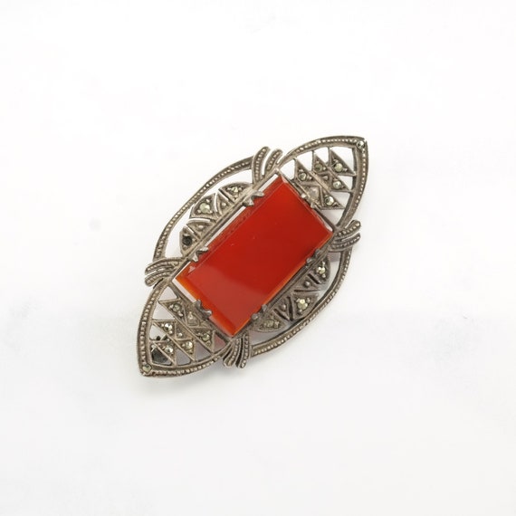 Art Deco Sterling Silver Brooch Carnelian Marcasi… - image 3