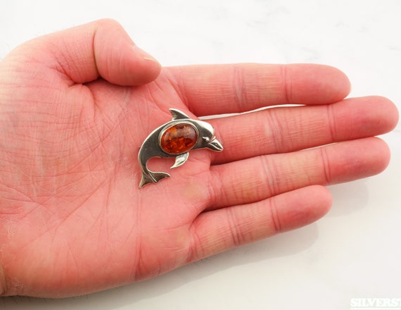 Vintage Amber Dolphin Silver Brooch Orange Sterli… - image 2