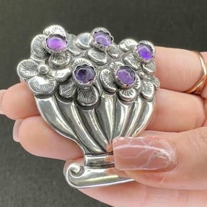 Taxco Silber Amethyst Brosche Blumenkorb, Sterling