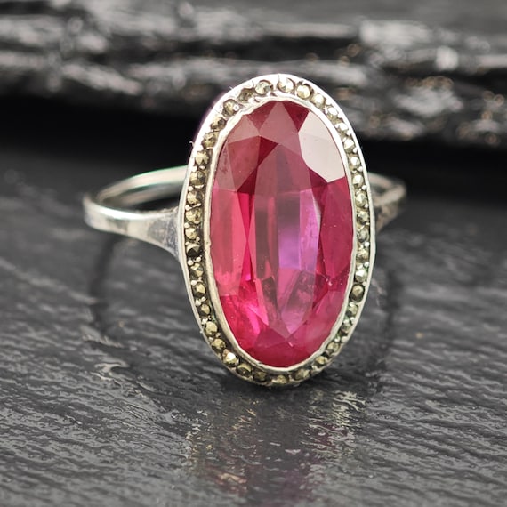 Art Deco Style Lab Ruby Ring Sterling Silver Sz 7 - image 3