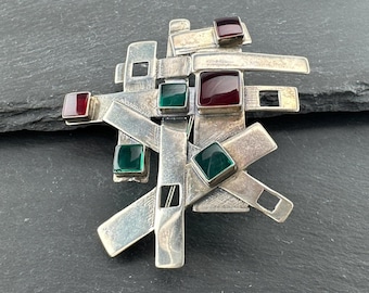 Silver Brooch Pendant Abstract Red Blue Glass Sterling