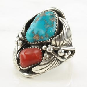 Vintage Navajo Turquoise & Coral Ring, Sterling Silver, Leaf Design, Size 7 1/4, Circa 1970s