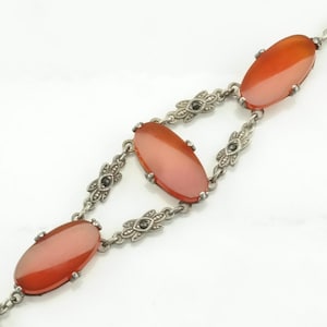 Vintage Art Deco Sterling Silver Link Bracelet Red Carnelian