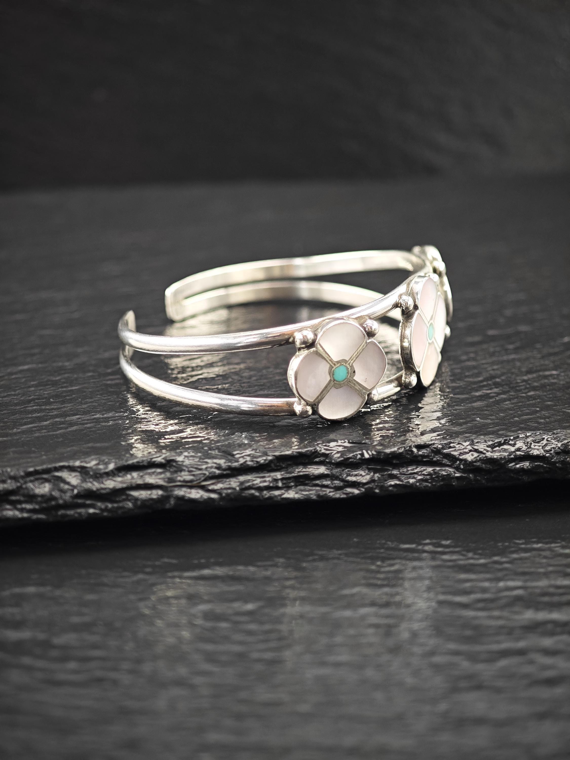 Sterling Silver Cuff Bracelet: Zuni Inlay With Mother of Pearl - 5