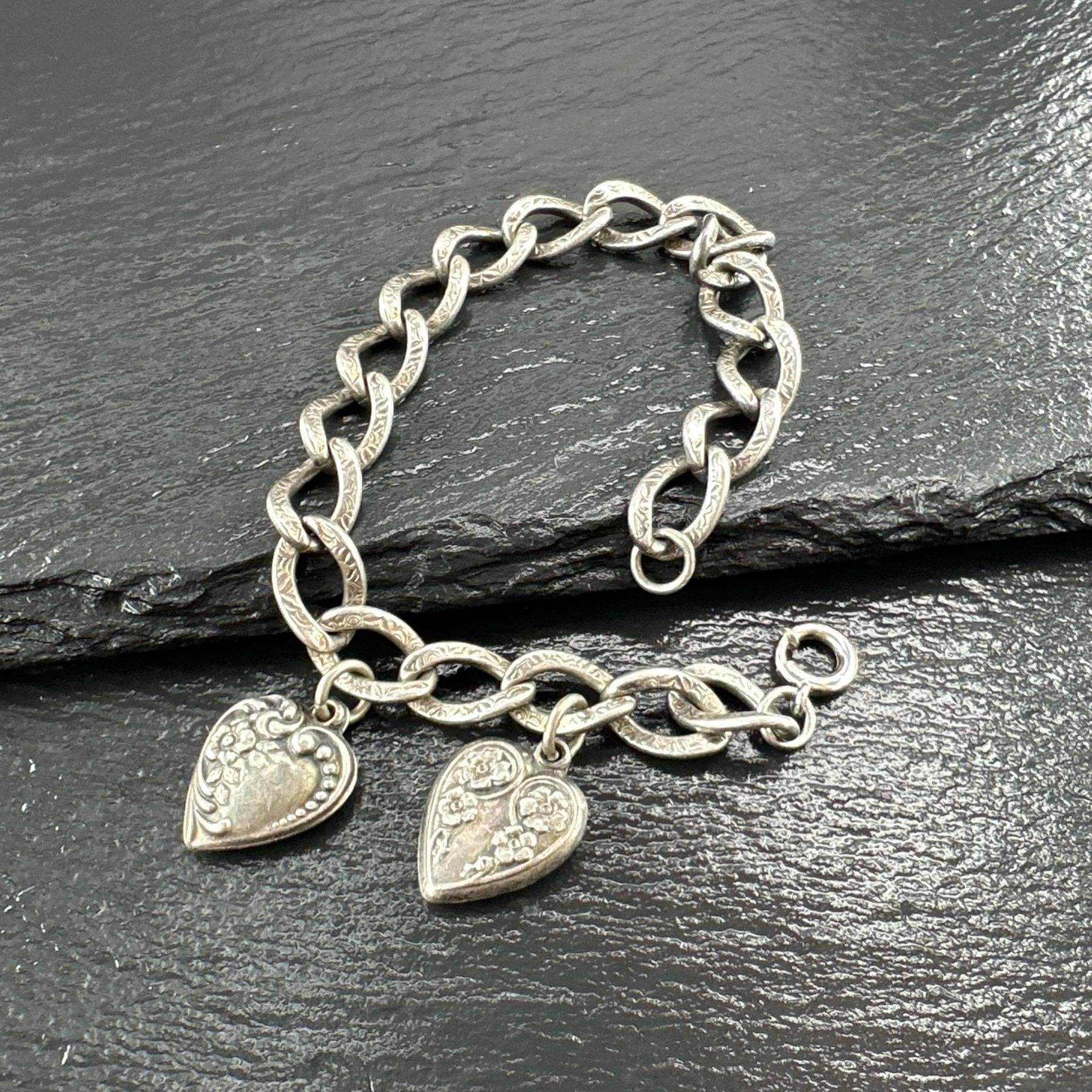 Victorian Sterling Silver Link Bracelet With Heart Charms, Circa
