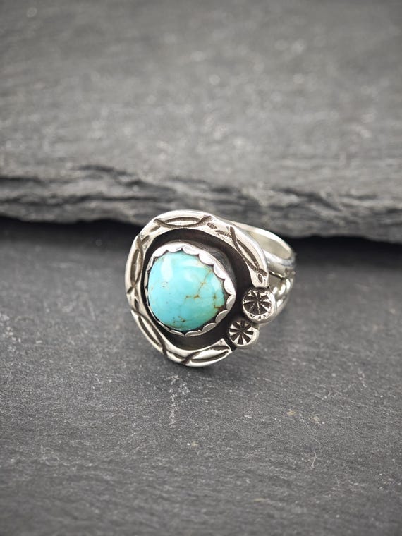 Turquoise Shadow Box Ring - Native American Sterl… - image 4