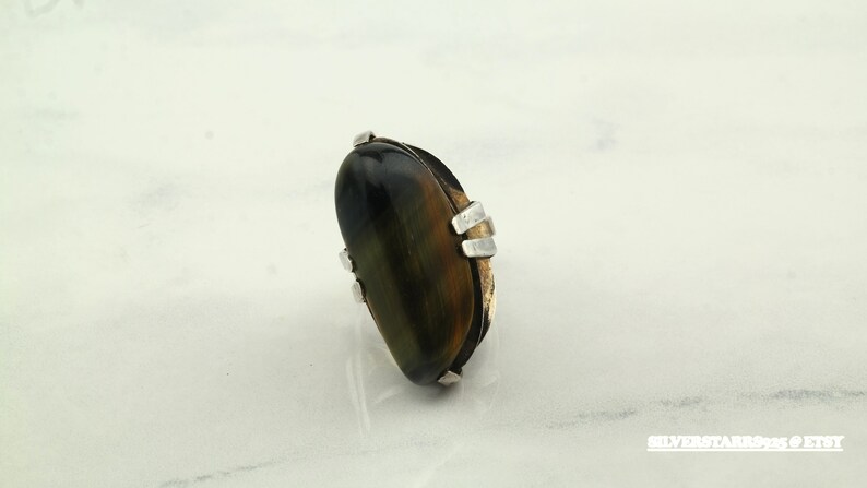 Vintage Mid Century Silver Ring Tigereye Sterling Size 6-adj