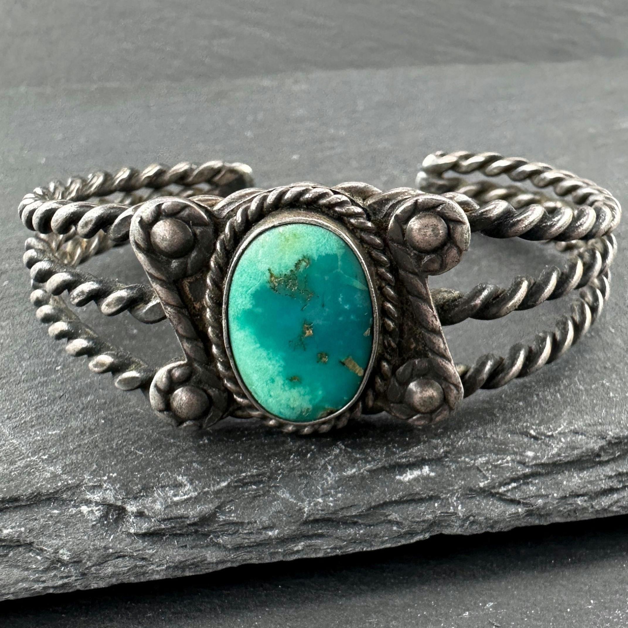 Native American Sterling Silver Cuff Bracelet Greenish Braided